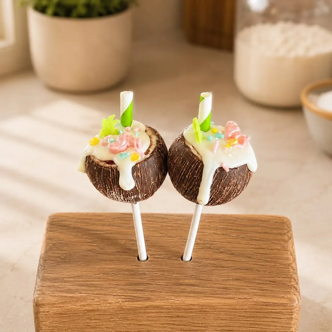Two cake pops decorated as open coconut drinks with straws and tropical flowers
