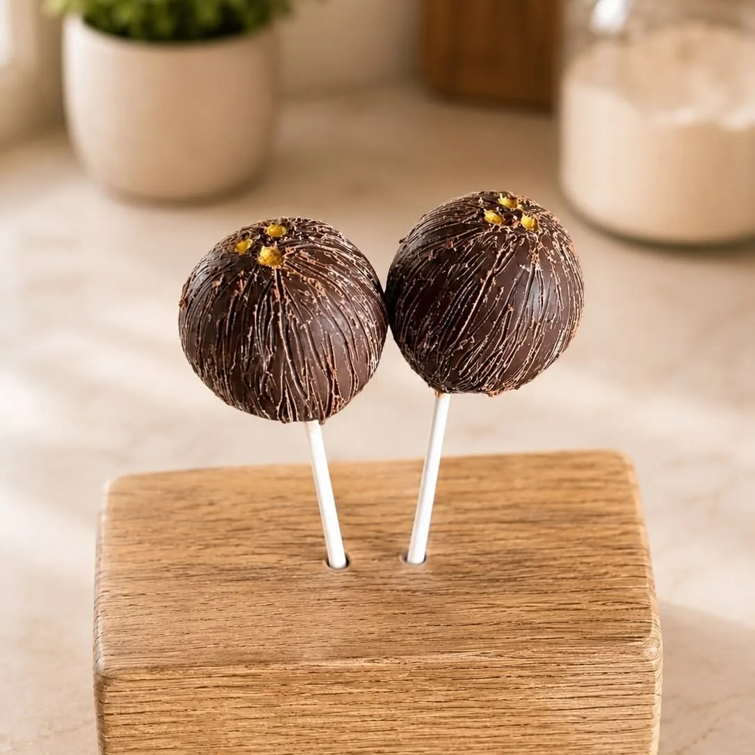 Two chocolate cake pops finished with a textured coconut shell