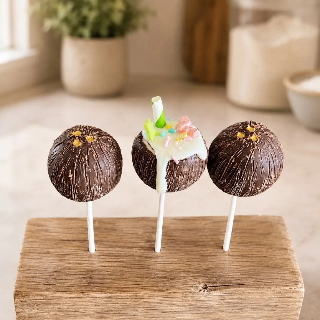 Three coconut cake pops, the middle one decorated as an open coconut drink with a straw
