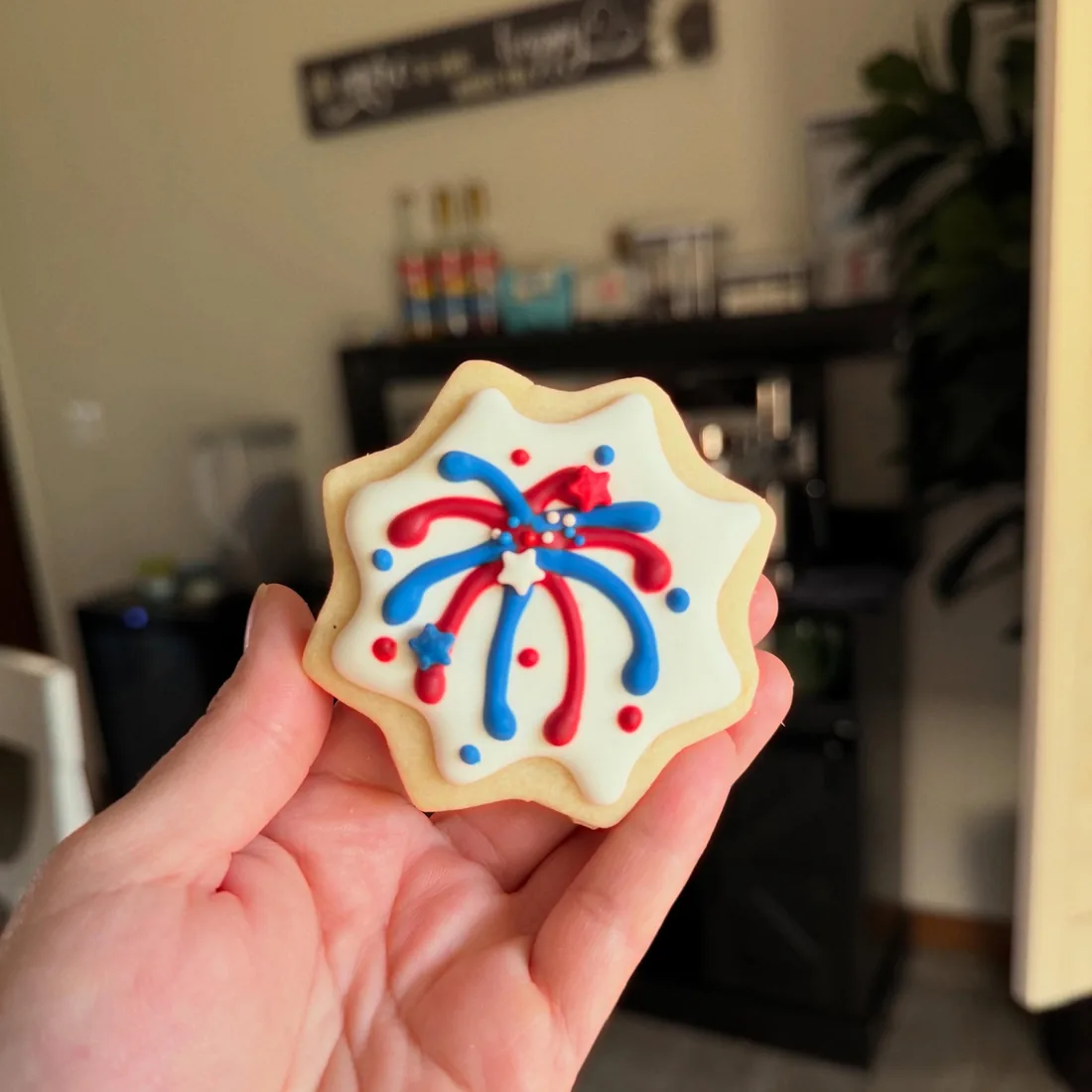 Hand holding a star-shaped cookie piped with a red and blue firework burst