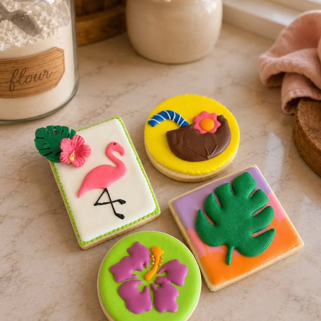 Five tropical cookies including a flamingo, a monstera leaf, a hibiscus and a coconut drink