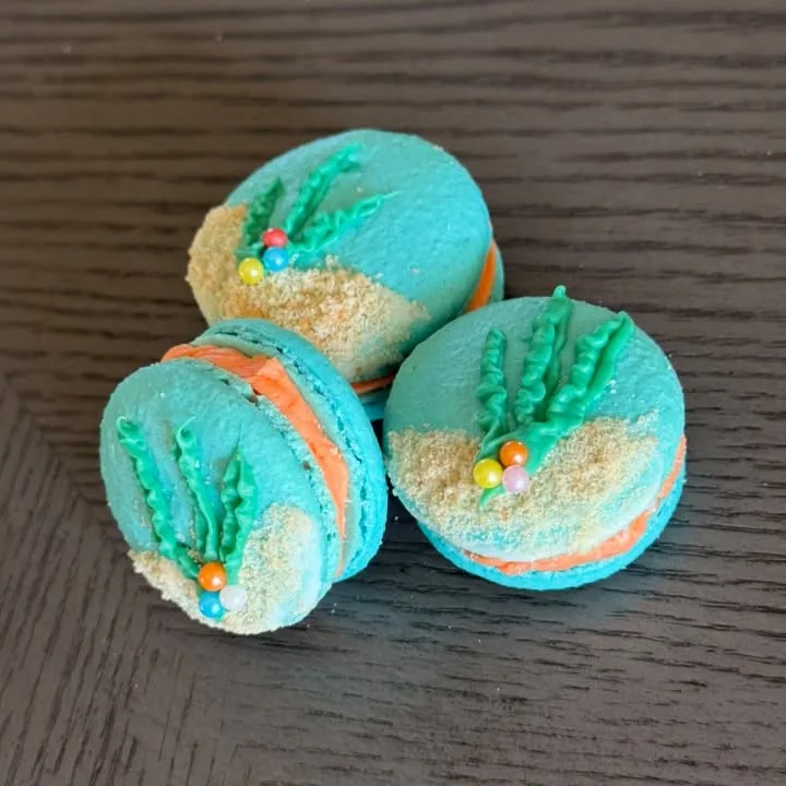 Three teal and coral macarons piped with green coral over a sandy crumble edge