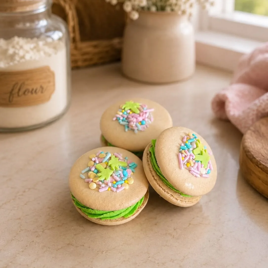 Vanilla macarons with green buttercream filling topped with pastel sprinkles